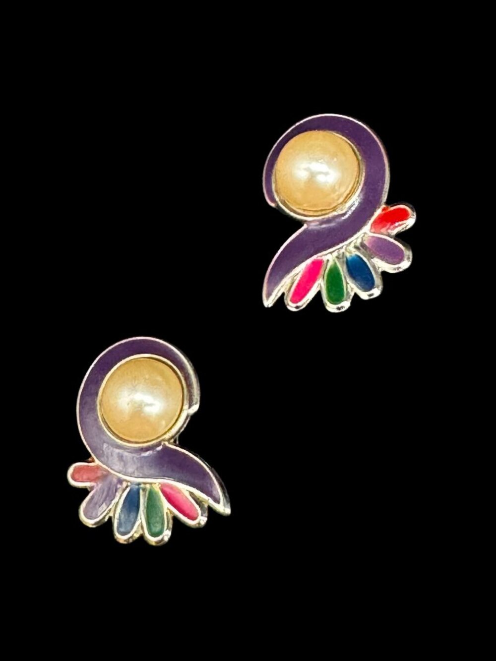 Vintage Silver Tone Earrings Clip-on Multicolour Cream Faux Pearl